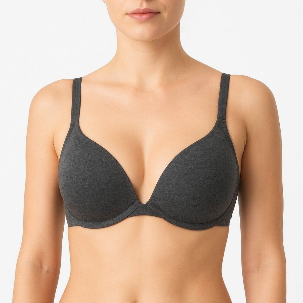 Cacique Boost Plunge Bra 32DD Dark Gray Cotton Blend Logo Band Underwire